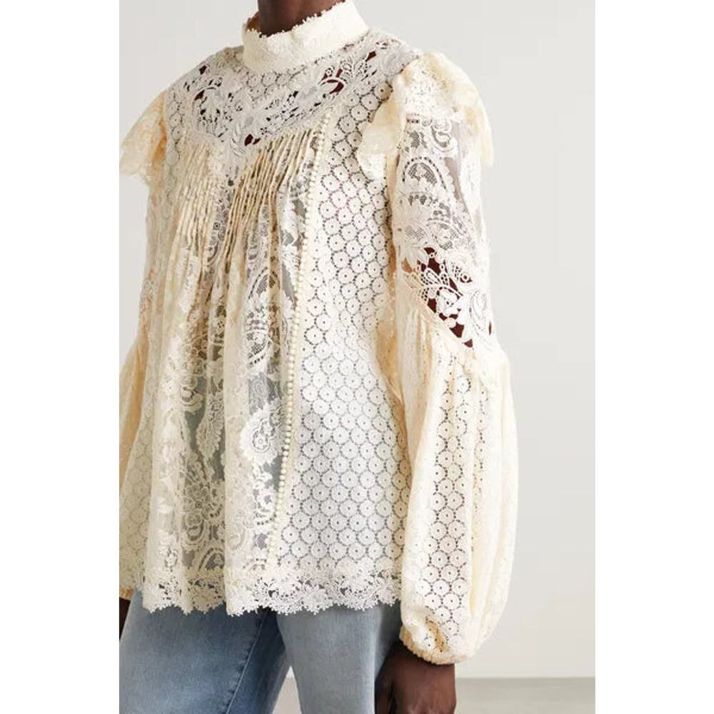 NWT Zimmermann Concert Ruffled Cotton-Blend Lace Blouse Top Cream Women's US 4